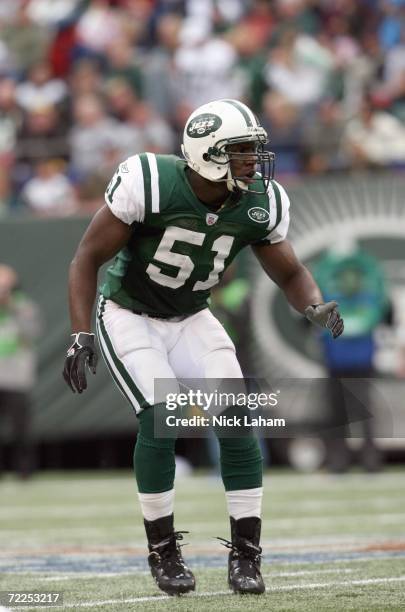 Jonathan Vilma of the New York Jets moves on the field during the game against the Detroit Lions on October 22, 2006 at Giants Stadium in East...