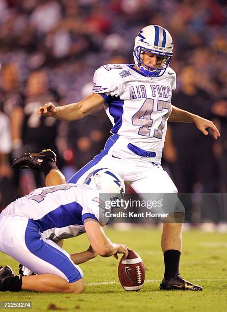 Place kicker Zach Sasser of the Air Force Falcons kicks a field goal against the San Diego State Aztecs on October 21, 2006 during their game at...