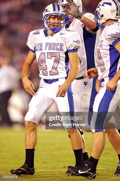 Place kicker Zach Sasser of the Air Force Falcons celebrates after kicking a field goal against the San Diego State Aztecs on October 21, 2006 during...