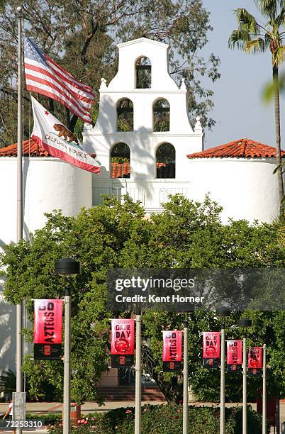 Banners supporting the San Diego State Aztecs hang from light poles lining the walkway in front of Hepner Hall on the SDSU campus before the game...