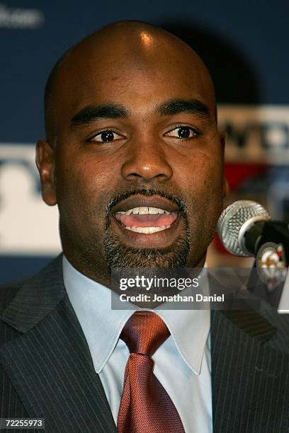 Carlos Delgado of the New York Mets talks to the media after recieving The Roberto Clemente Award before before Game Three of 2006 World Series...