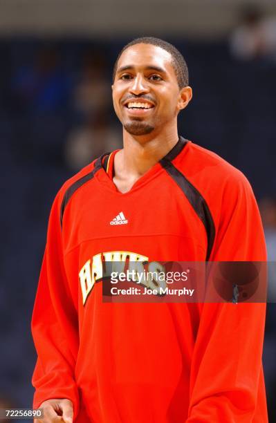 Salim Stoudamire of the Atlanta Hawks smiles during warm-ups prior to a preseason game against the Memphis Grizzlies at the FedExForum on October 11,...