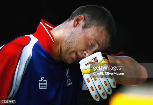 Andrew Flintoff of England feels the heat during a practice session ahead of the ICC Champions Trophy match between England and the West Indies at...