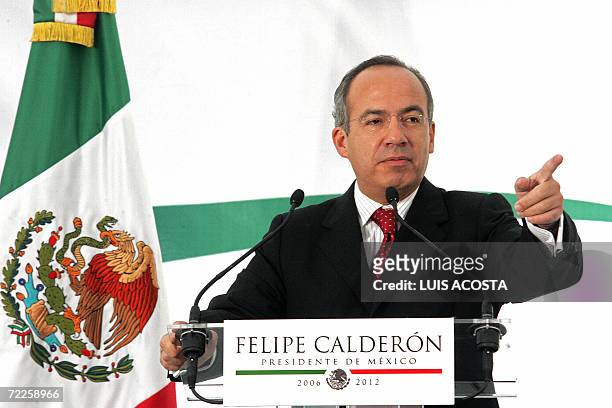 Mexican President elect Felipe Calderon gives a press conference with international correspondents in Mexico City on September 7th, 2006. Calderon...