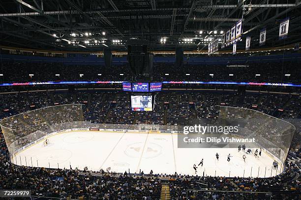 General interior view of the scoreboard and ice at Scottrade Center during the NHL game between the Boston Bruins and the St. Louis Blues on October...