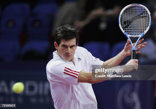 Tim Henman of Great Britain in action against Christophe Rochus of Belgium during the ATP Davidoff Swiss Indoors Tournament at St.Jakobshalle on...