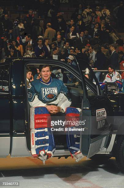 Goalie Mike Richter of the Eastern Conference and the New York Rangers sits inside of the pick-up truck he won for being named the most valuable...