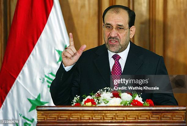 Iraqi Prime Minister Nuri al-Maliki during a news conference in the fortified Green Zone October 25, 2006 in Baghdad, Iraq. Al-Maliki denounced a...