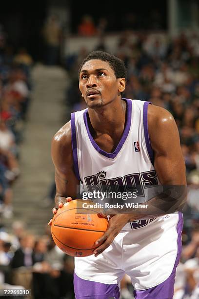Ron Artest of the Sacramento Kings shoots a free throw during the preseason game against the Utah Jazz on October 20, 2006 at ARCO Arena in...