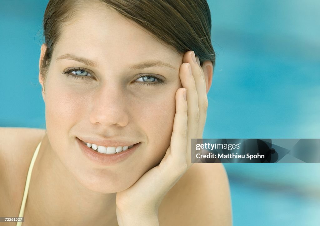 Resting Head Woman Resting Head On Hand Smiling Portrait High-Res Stock Photo ...