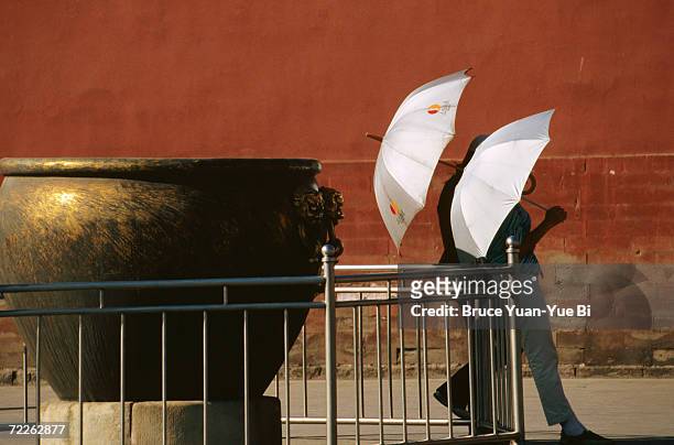 two young women with umbrellas standing beside water urn, forbidden city, beijing, china - chapéu prateado imagens e fotografias de stock