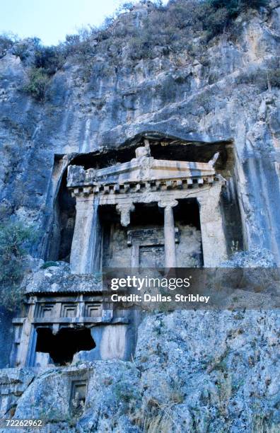 lycian rock tombs, amyntas park, fethiye, turkey - tomb stock pictures, royalty-free photos & images