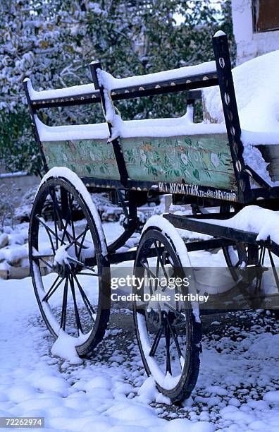 snow-covered traditional cart, goreme, turkey - paardenkar stockfoto's en -beelden