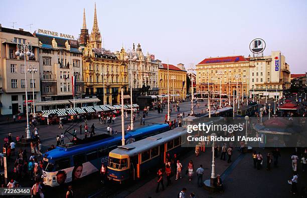 overhead of josip jelacica square and trams on ilica st, zagreb, croatia - zagreb tram stock pictures, royalty-free photos & images