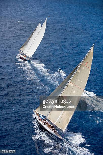 aerial view of j-class cutter ranger in the antigua classic yacht regatta, antigua & barbuda - j class yachts stock pictures, royalty-free photos & images