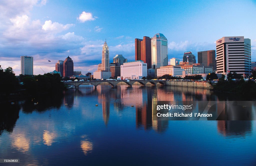 Scioto River in front of city skyline, Columbus, United States of America