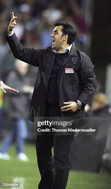 October 25: Headcoach Falko Goetz of Berlin gives instructions during the DFB German Cup second round match between Stuttgarter Kickers and 1. FC...