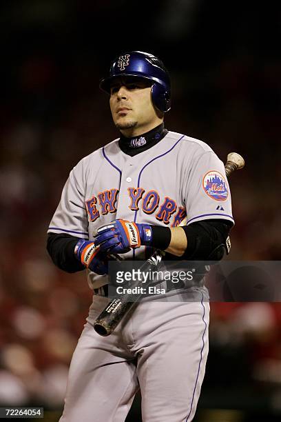 Paul Lo Duca of the New York Mets bats against the St. Louis Cardinals during game four of the NLCS at Busch Stadium on October 15, 2006 in St....