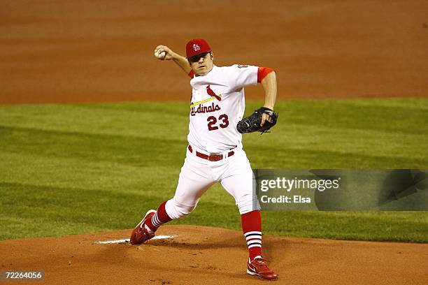 Anthony Reyes of the St. Louis Cardinals pitches against the New York Mets during game four of the NLCS at Busch Stadium on October 15, 2006 in St....