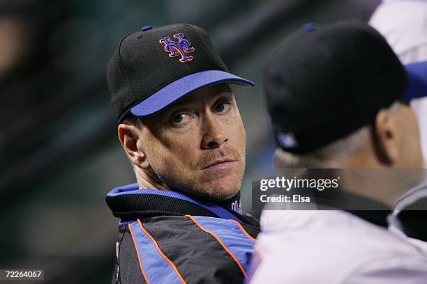 Tom Glavine of the New York Mets looks on against the St. Louis Cardinals during game four of the NLCS at Busch Stadium on October 15, 2006 in St....