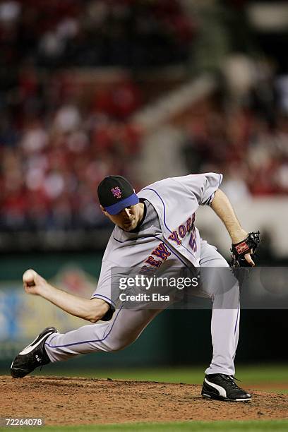 Chad Bradford of the New York Mets throws a pitch against the St. Louis Cardinals during game four of the NLCS at Busch Stadium on October 15, 2006...