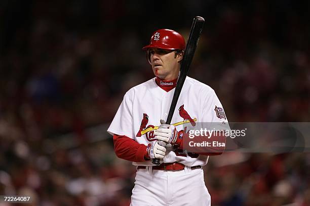 Scott Spiezio of the St. Louis Cardinals bats against the New York Mets during game four of the NLCS at Busch Stadium on October 15, 2006 in St....