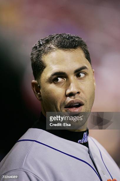 Carlos Beltran of the New York Mets looks on against the St. Louis Cardinals during game four of the NLCS at Busch Stadium on October 15, 2006 in St....