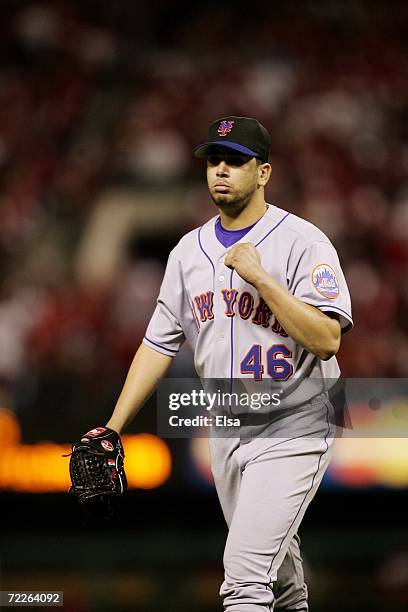 Oliver Perez of the New York Mets pumps his fist against the St. Louis Cardinals during game four of the NLCS at Busch Stadium on October 15, 2006 in...