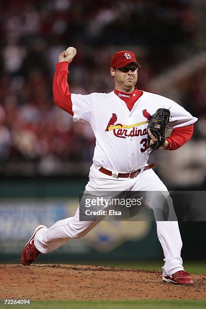 Josh Hancock of the St. Louis Cardinals pitches against the New York Mets during game four of the NLCS at Busch Stadium on October 15, 2006 in St....