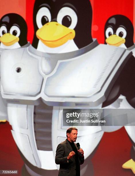 Oracle CEO Larry Ellison delivers a keynote address at the 2006 Oracle OpenWorld conference October 25, 2006 in San Francisco. The Annual Oracle...