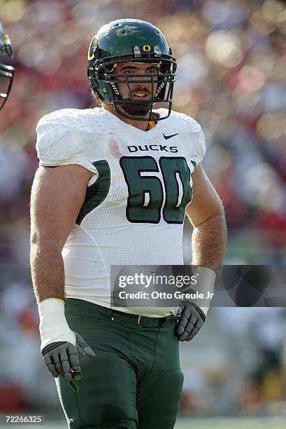 Offensive tackle Max Unger of the Oregon Ducks looks on against the Washington State Cougars on October 21, 2006 at Martin Stadium in Pullman,...