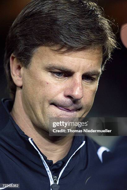 Headcoach Falko Goetz of Hertha looks dejected after the DFB German Cup second round match between Stuttgarter Kickers and Hertha BSC Berlin at the...