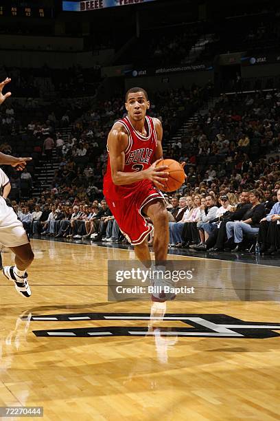 Thabo Sefolosha of the Chicago Bulls drives against the San Antonio Spurs during a preseason NBA game at the AT&T Center on October 19, 2006 in San...