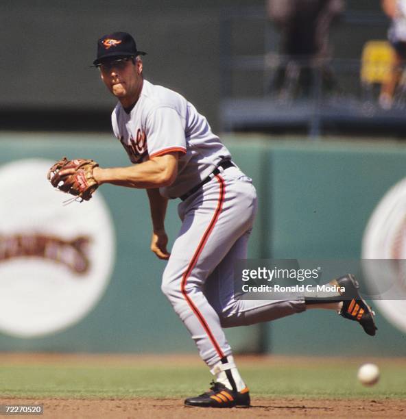 Cal Ripken Jr. #8 of the Baltimore Orioles fielding against the California Angels at Anaheim Stadium on May 5, 1991 in Anaheim, California.