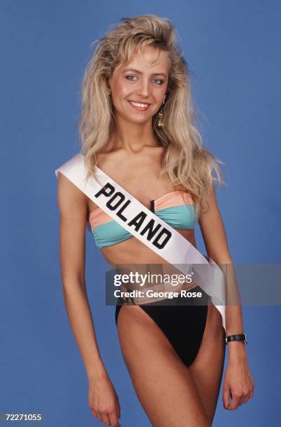 Miss Poland 1990, Malgorzata Obiezalska, poses in a bathing suit during a 1990 Century City, California, photo portrait session. Ms. Obiezalska...