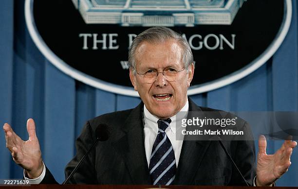Secretary of Defense Donald Rumsfeld speaks to reporters in the briefing room at the Pentagon October 26, 2006 in Arlington, Virginia. Rumsfeld spoke...