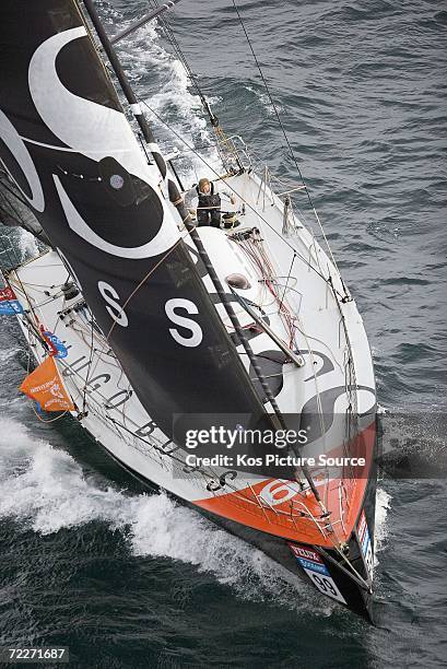 Alex Thomson of Britain onboard his open 60ft monohull "Hugo Boss" during leg 1 of the Velux 5 Oceans race on October 22, 2006 off Bilbao, Spain. Leg...