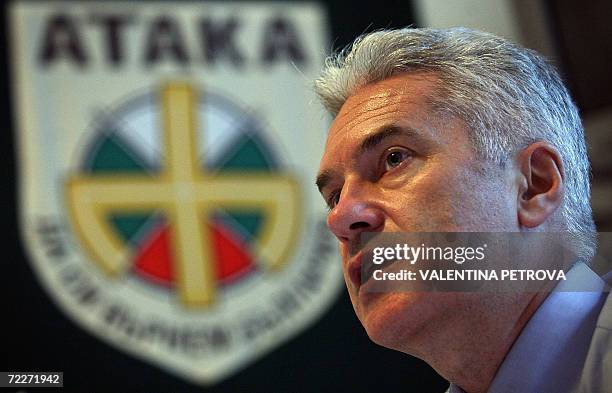 The leader of the Bulgarian ultra-nationalist party Ataka and presidential candidate, Volen Siderov talks during an interview with AFP in Sofia, 26...