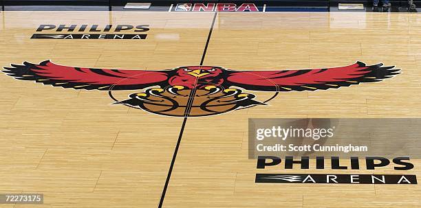 View of the Atlanta Hawks logo in center court at Philips Arena prior to a preseason game between the Washington Wizards and the Atlanta Hawks on...