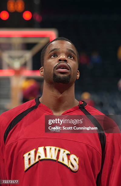 Shelden Williams of the Atlanta Hawks looks on during a preseason game against the Washington Wizards at Philips Arena on October 23, 2006 in...