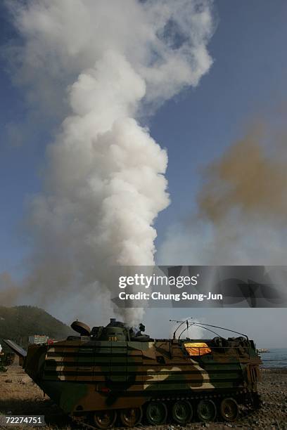 South Korean amphibious assault vehicles moves into position during a landing operations for possible threats from North Korea at Pohang beach on...