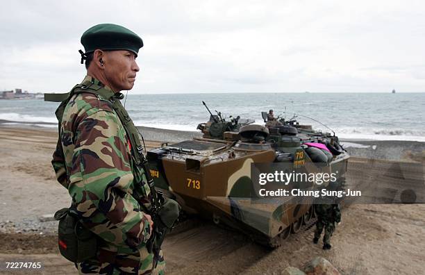 South Korean marines take part in landing exercises in preparation for possible threats from North Korea at Pohang beach on October 26, 2006 in...