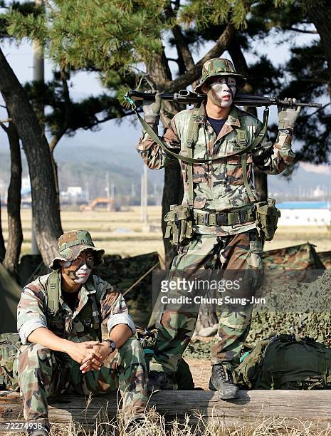 South Korean marines take part in landing exercises in preparation for possible threats from North Korea at Pohang beach on October 27, 2006 in...