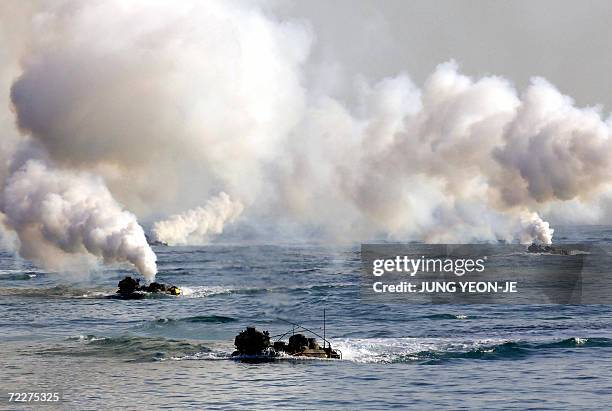 Pohang, REPUBLIC OF KOREA: South Korean Marine amphibious assault vehicles arrive close with the seaside in Pohang, some 374 Km southeast of Seoul,...