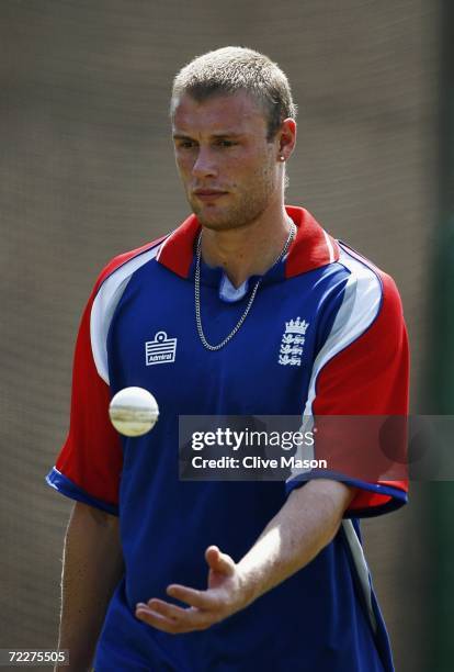 Andrew Flintoff of England in the nets during a practice session ahead of the ICC Champions Trophy match between England and the West Indies at the...