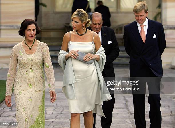 Crown Prince Willem-Alexander of Orange and Princess Maxima of the Netherlands walk with the Governor of New South Wales Marie Bashir and her husband...