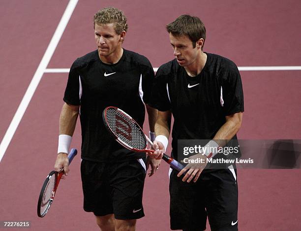 Mark Knowles of the Bahamas and Daniel Nestor of Canada in action against Eric Butorac and Travis Parrott of America during the ATP Davidoff Swiss...