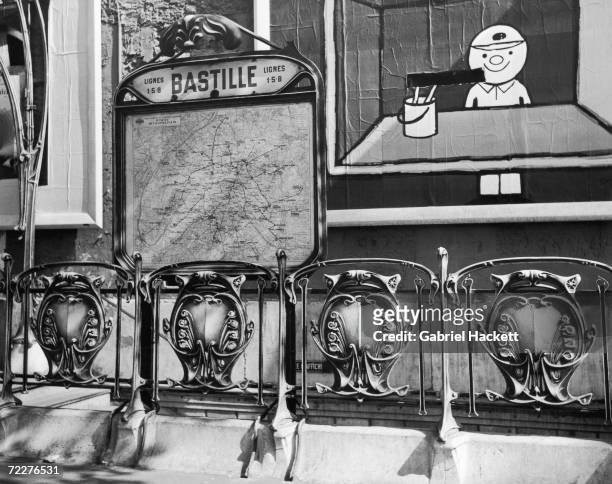 Map of the Paris metro at Bastille station, circa 1950. In the foreground is an art-nouveau entourage designed by Hector Guimard.