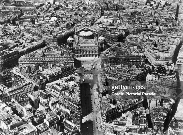 An aerial view of the Avenue de l'Opera in Paris leading up to the Paris Opera House, circa 1955.