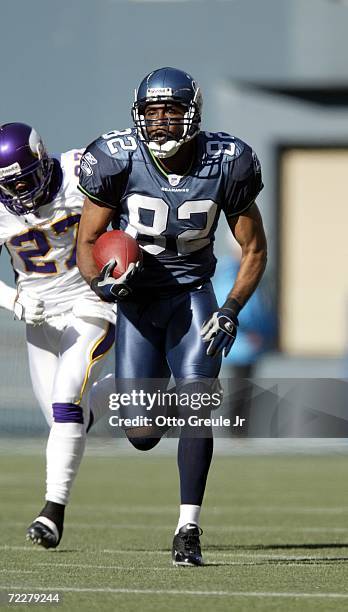 Wide receiver Darrell Jackson of the Seattle Seahawks evades cornerback Ronyell Whitaker of the Minnesota Vikings during the game at Qwest Field on...